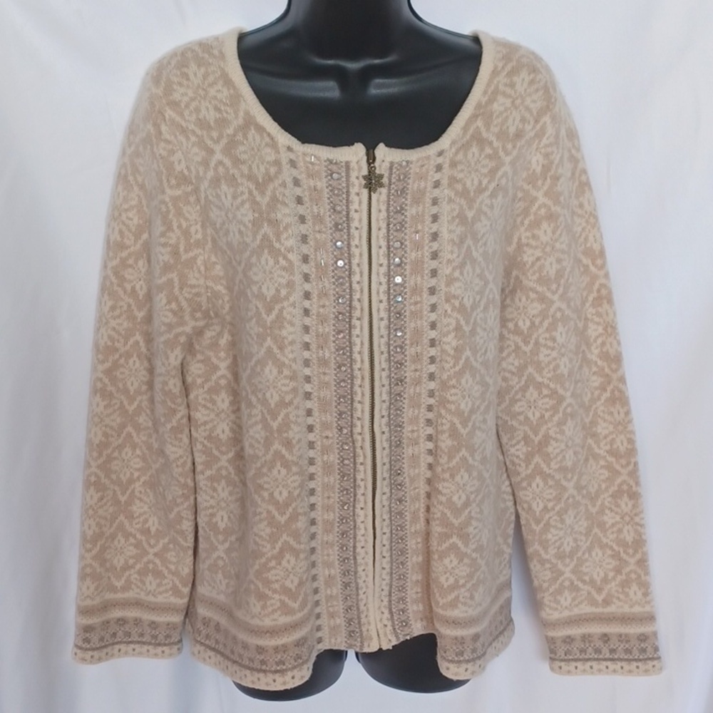 Coldwater Creek Womens Beautiful Snowflake ❄️ Zip Up WOOL Blend Cardigan SZ M